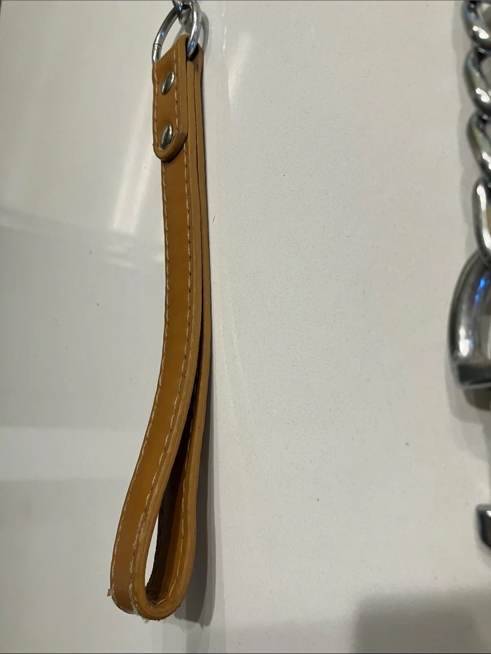 Brown Leather Handle Chain Dog Leash with Silver Chain